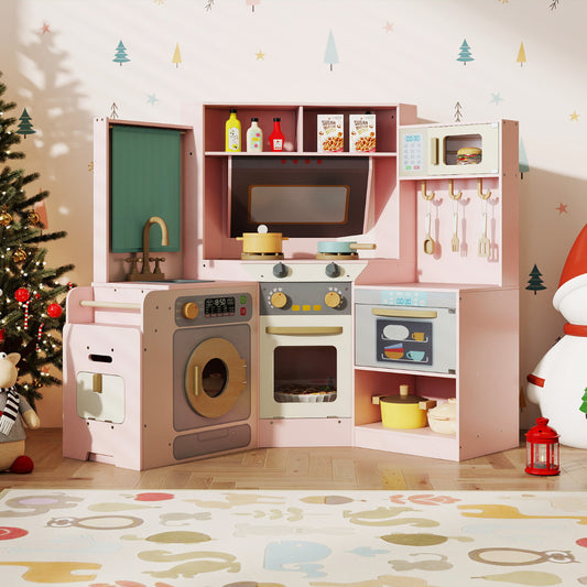 Corner Kitchen Playset with Pull-out Trash Can-Pink