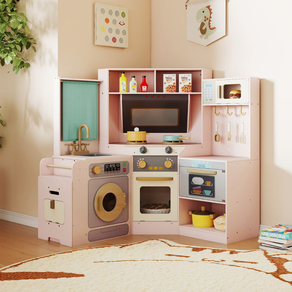 Corner Kitchen Playset with Pull-out Trash Can-Pink