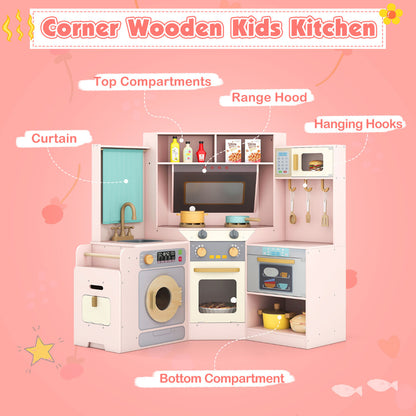 Corner Kitchen Playset with Pull-out Trash Can-Pink