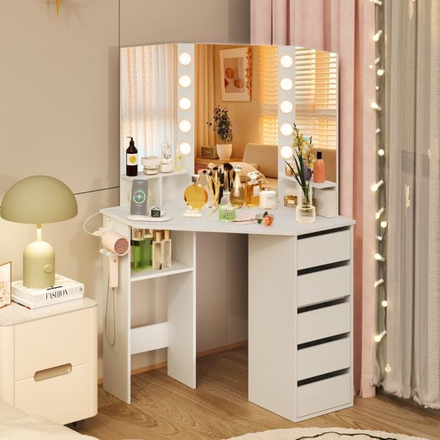 Corner Makeup Vanity Desk with Lighted Mirror Power Outlets-White