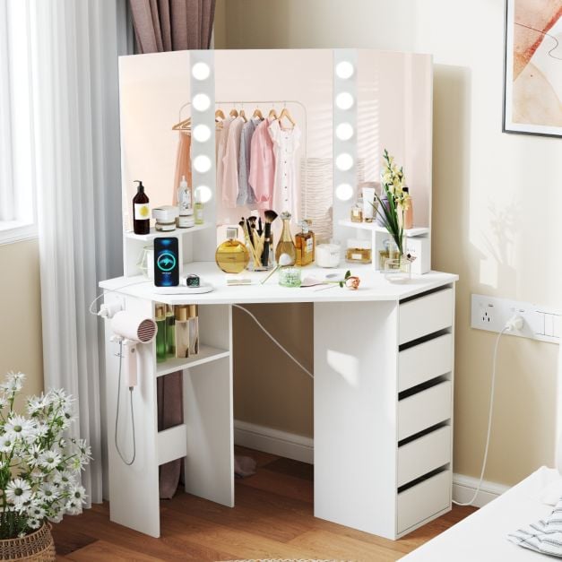 Corner Makeup Vanity Desk with Lighted Mirror Power Outlets-White