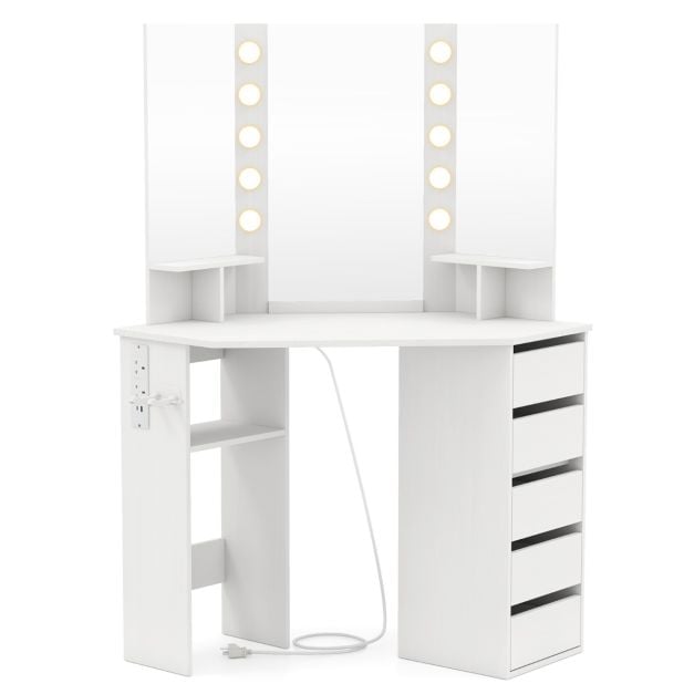 Corner Makeup Vanity Desk with Lighted Mirror Power Outlets-White