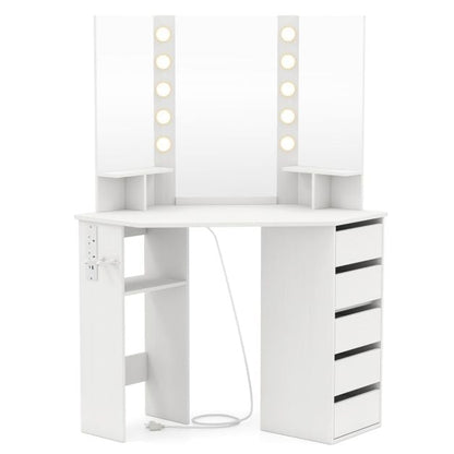 Corner Makeup Vanity Desk with Lighted Mirror Power Outlets-White