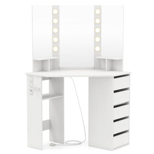Corner Makeup Vanity Desk with Lighted Mirror Power Outlets-White