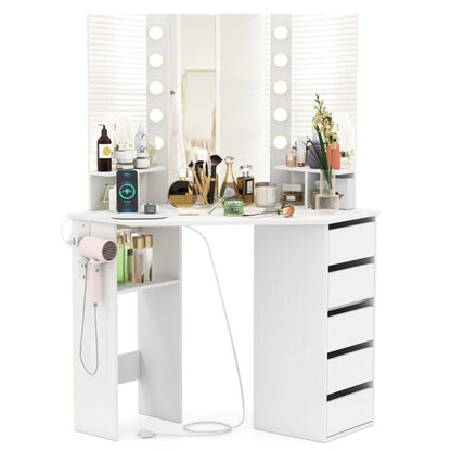 Corner Makeup Vanity Desk with Lighted Mirror Power Outlets-White