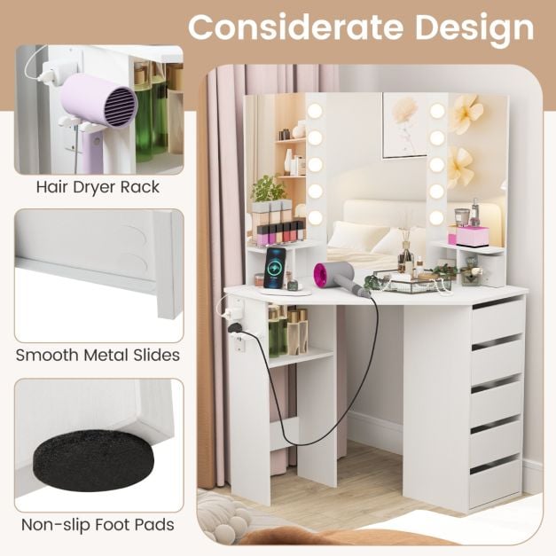 Corner Makeup Vanity Desk with Lighted Mirror Power Outlets-White