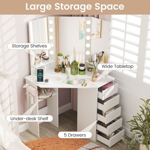 Corner Makeup Vanity Desk with Lighted Mirror Power Outlets-White