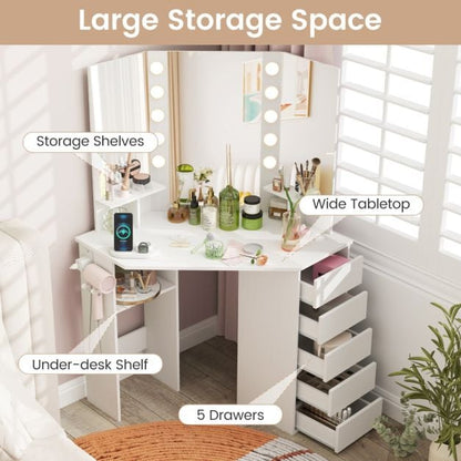 Corner Makeup Vanity Desk with Lighted Mirror Power Outlets-White