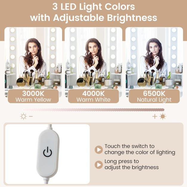 Corner Makeup Vanity Desk with Lighted Mirror Power Outlets-White