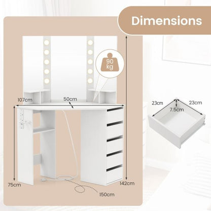 Corner Makeup Vanity Desk with Lighted Mirror Power Outlets-White