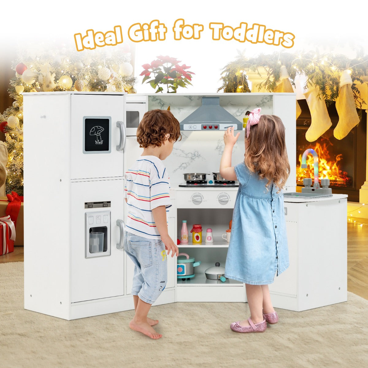 Kids Corner Kitchen Playset with Separated Washing Basin-White