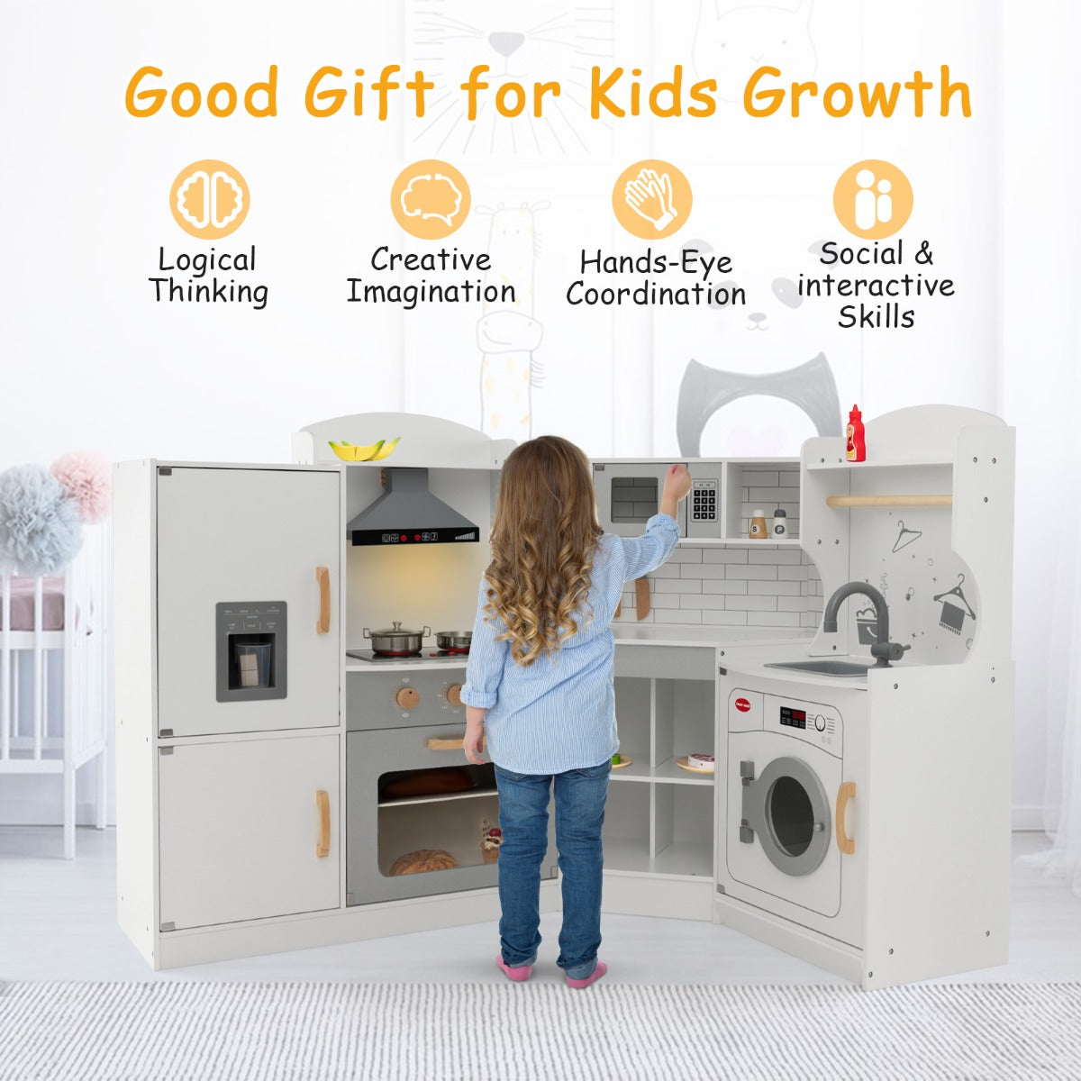 Wooden Corner Play Kitchen with Sounds and Lights for Kids