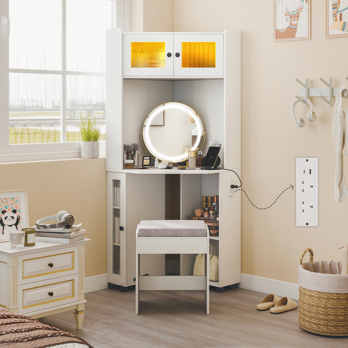 Corner Vanity Desk with Charging Station and Cushioned Stool-White