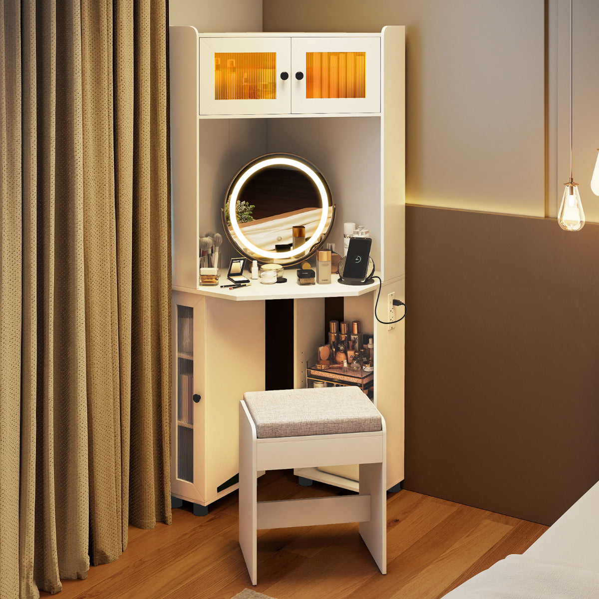 Corner Vanity Desk with Charging Station and Cushioned Stool-White