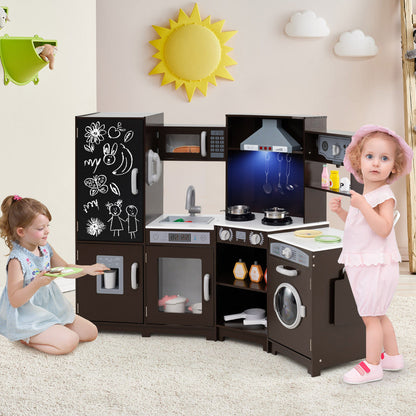 Corner Wooden Play Kitchen with Lights Sounds Toy Kitchen Playset-Espresso
