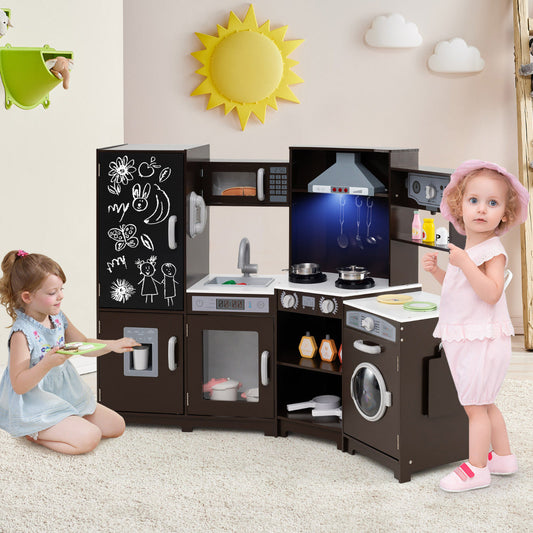 Corner Wooden Play Kitchen with Lights Sounds Toy Kitchen Playset-Espresso