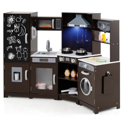 Corner Wooden Play Kitchen with Lights Sounds Toy Kitchen Playset-Espresso