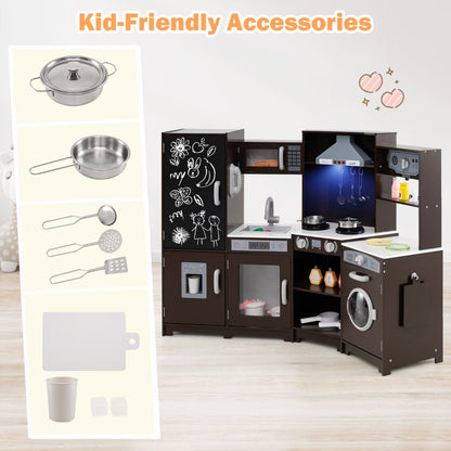 Corner Wooden Play Kitchen with Lights Sounds Toy Kitchen Playset-Espresso