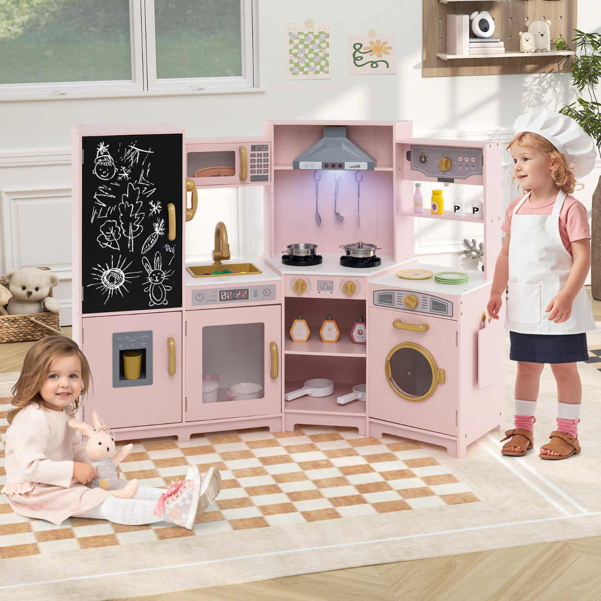 Corner Wooden Play Kitchen with Lights Sounds Toy Kitchen Playset-Pink