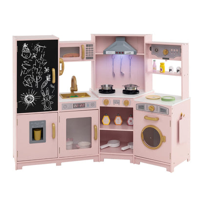 Corner Wooden Play Kitchen with Lights Sounds Toy Kitchen Playset-Pink