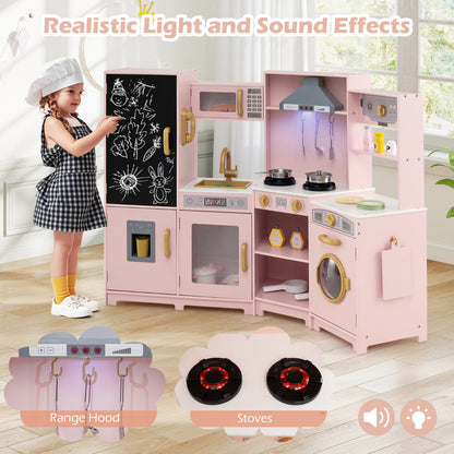 Corner Wooden Play Kitchen with Lights Sounds Toy Kitchen Playset-Pink