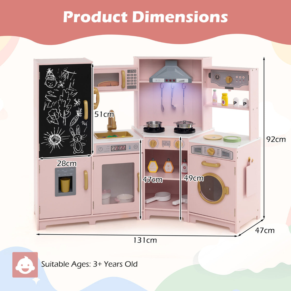 Corner Wooden Play Kitchen with Lights Sounds Toy Kitchen Playset-Pink