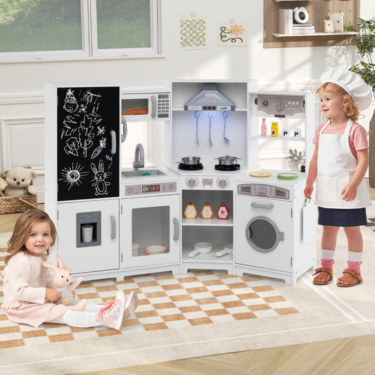 Corner Wooden Play Kitchen with Lights Sounds Toy Kitchen Playset-White