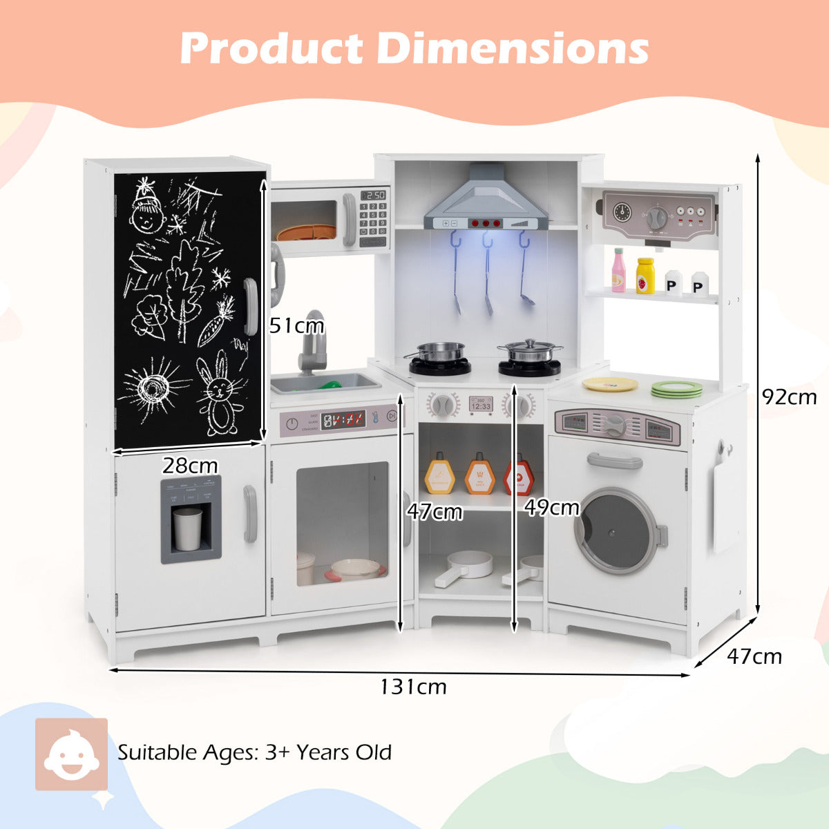 Corner Wooden Play Kitchen with Lights Sounds Toy Kitchen Playset-White