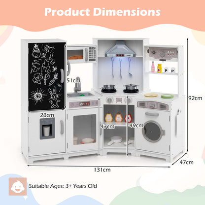 Corner Wooden Play Kitchen with Lights Sounds Toy Kitchen Playset-White