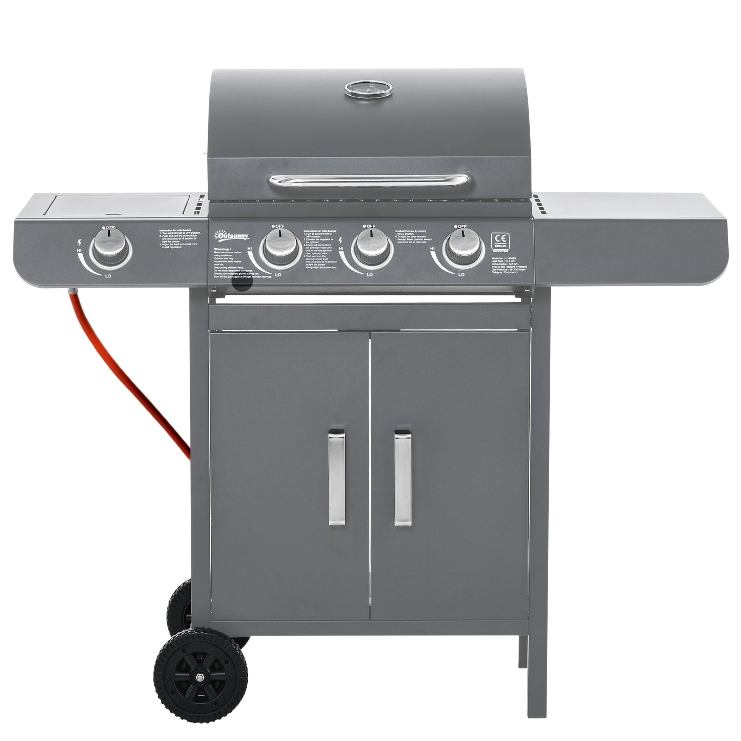 Outsunny 3+1 palnikowy grill gazowy, wózek do grilla na zewnątrz z kółkami, ruszt do podgrzewania, półki boczne, szafka, termometr do ogrodu, na imprezę, kemping, 110L x 50W x 100Hcm, szary