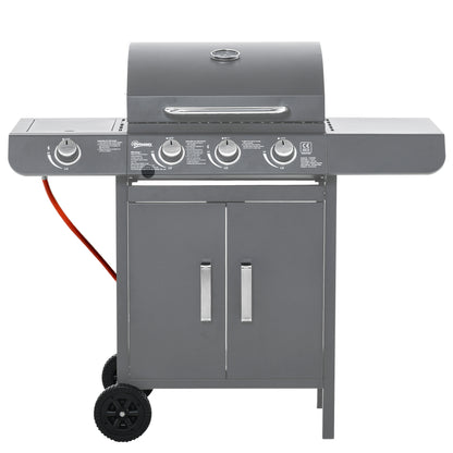 Outsunny 3+1 palnikowy grill gazowy, wózek do grilla na zewnątrz z kółkami, ruszt do podgrzewania, półki boczne, szafka, termometr do ogrodu, na imprezę, kemping, 110L x 50W x 100Hcm, szary