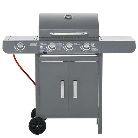 Outsunny 3+1 palnikowy grill gazowy, wózek do grilla na zewnątrz z kółkami, ruszt do podgrzewania, półki boczne, szafka, termometr do ogrodu, na imprezę, kemping, 110L x 50W x 100Hcm, szary