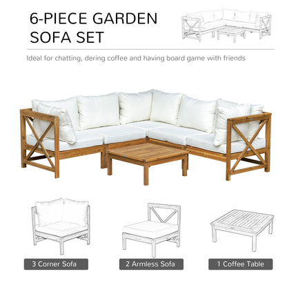 Outsunny 6-częściowy elegancki zestaw do jadalni na patio z drewnianą ramą i poduszkami, stolik kawowy, meble ogrodowe, sofa, balkon, patio, kremowo-biały