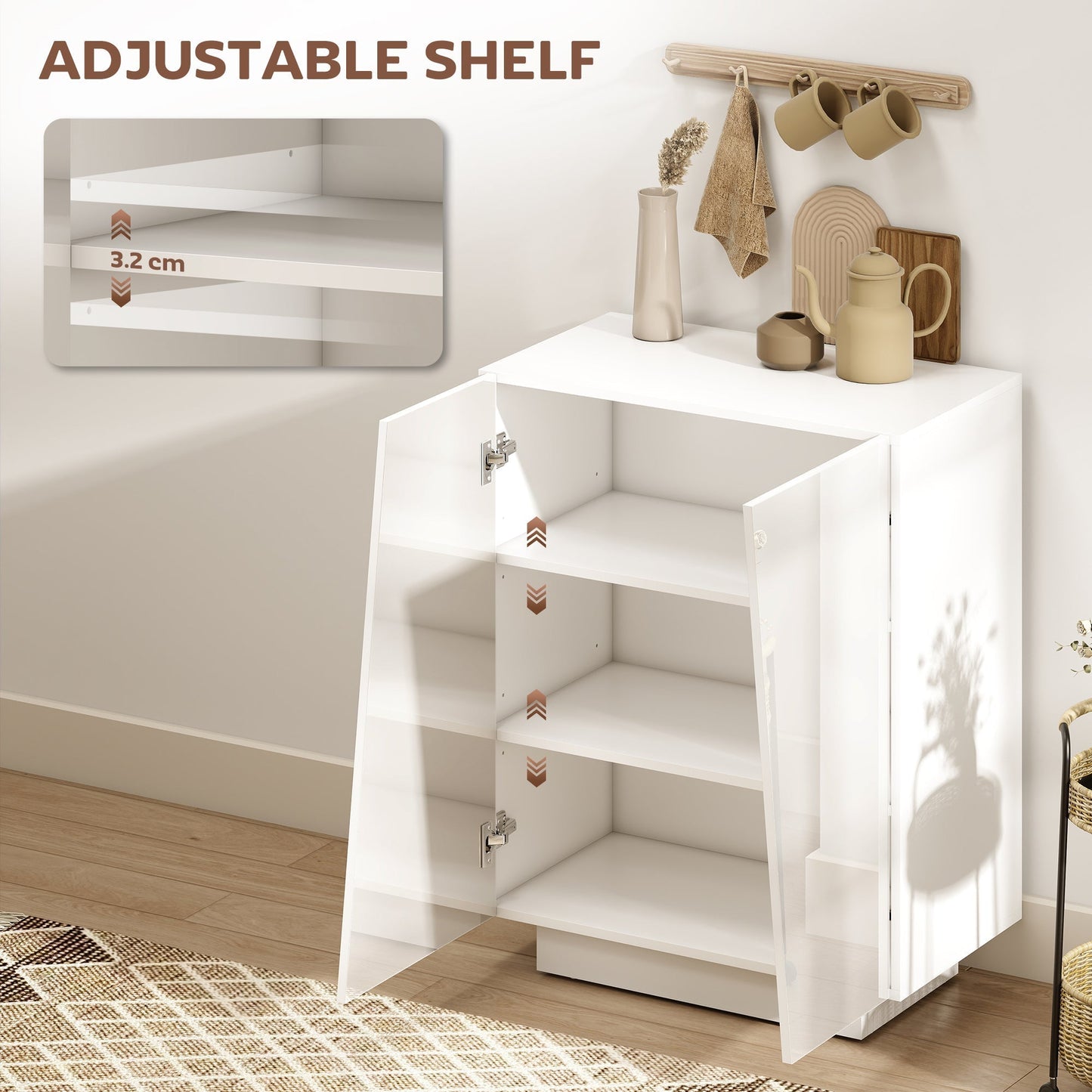 HOMCOM High Gloss Storage Cabinet, Freestanding Storage Cupboard with Adjustable Shelves for Living Room, Bedroom, Hallway, White