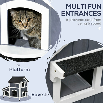 PawHut Wooden Cat House Outdoor with Flower Pot, 2 Tiers Cat Shelter with Window, Multiple Entrances, Water-resistant Roof, Grey