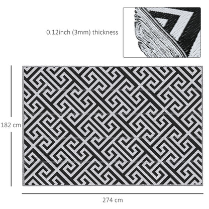 Outsunny 182 x 274 cm(6x9ft) Outdoor Rug Reversible Mat Plastic Straw Rug Portable RV Camping Mat for Garden Deck Picnic Indoor, Black & White