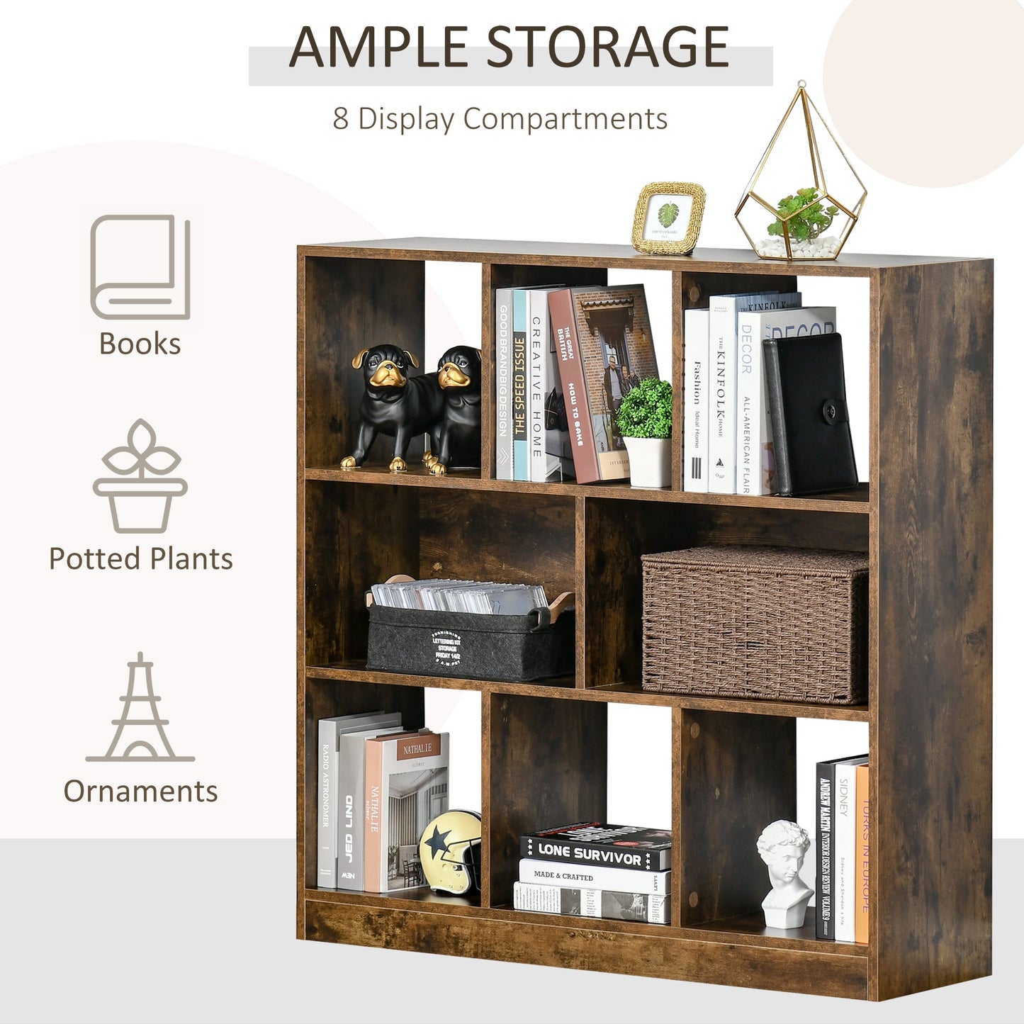 HOMCOM 3-Tier Bookcase, Storage Shelf Unit with Open Compartments, for Living Room, Bedroom, Office, Divider, 97.5 x 30 x 100 cm, Rustic Brown