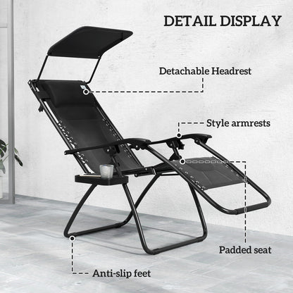 Outsunny Zero Gravity Lounger Chair, składany rozkładany fotel ogrodowy z osłoną przeciwsłoneczną, wyściełane siedzisko, uchwyt na kubek, miękka poduszka i zagłówek do użytku przy basenie, kempingowy, czarny