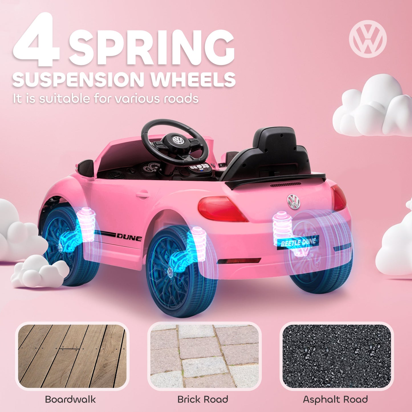 Samochód jeździk AIYAPLAY Volkswagen Beetle z licencją 12V, z pilotem, zawieszeniem kół, łagodnym rozruchem, światłami, muzyką, różowy