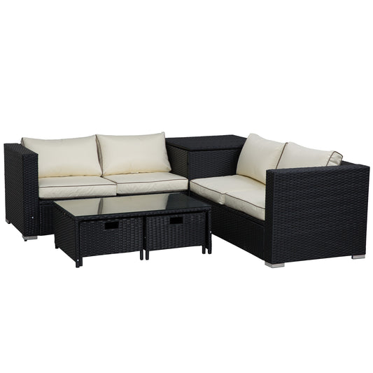 Outsunny 4-częściowy zestaw mebli ogrodowych z rattanu, wikliny, na patio, sofa, przechowywanie i stół z 2 szufladami, stolik kawowy, świetna, wyściełana, 4-osobowa narożna sofa - czarny