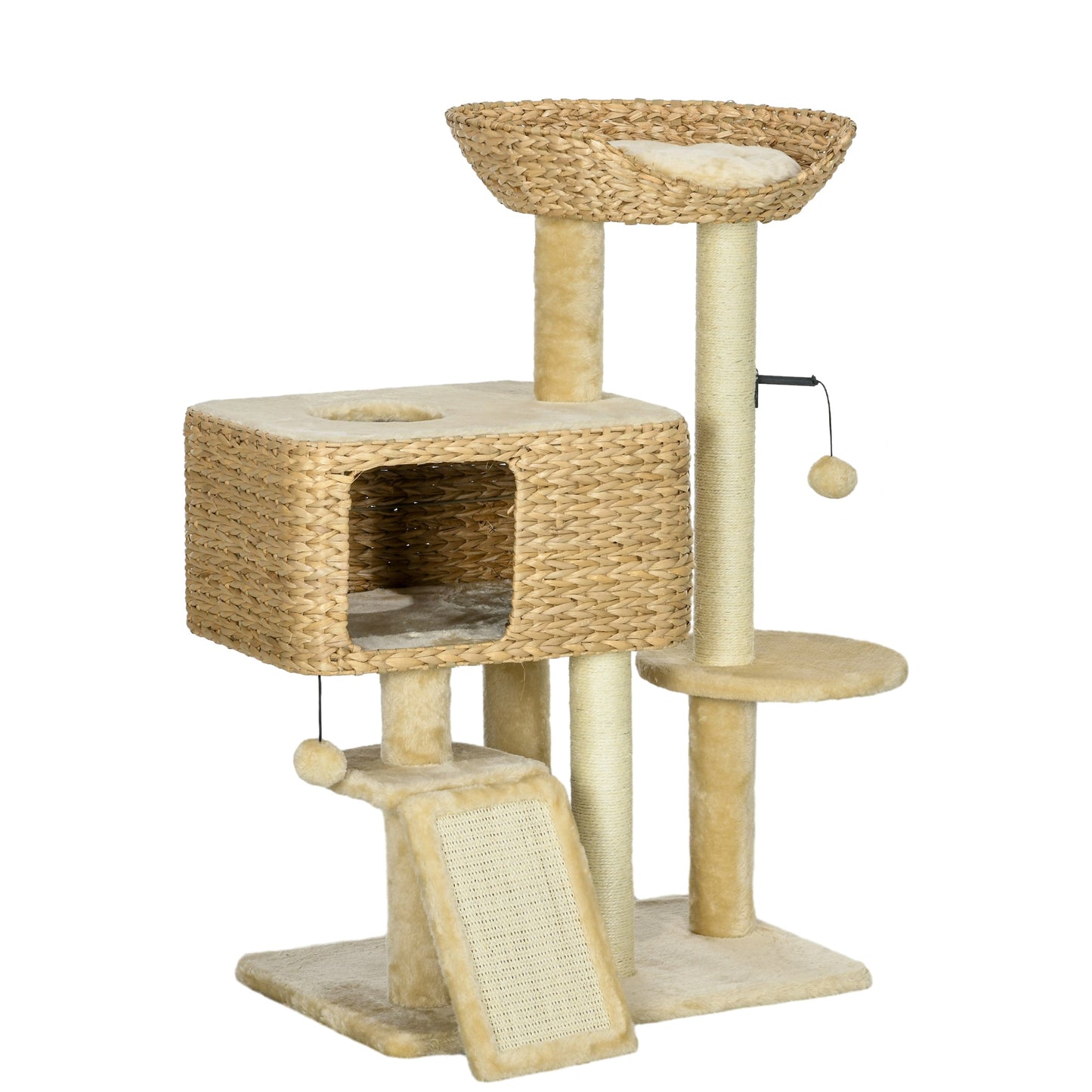 PawHut 95cm Cat Tree Tower for Indoor Cats, with Scratching Post, Cat House, Toy Ball, Platform - Beige