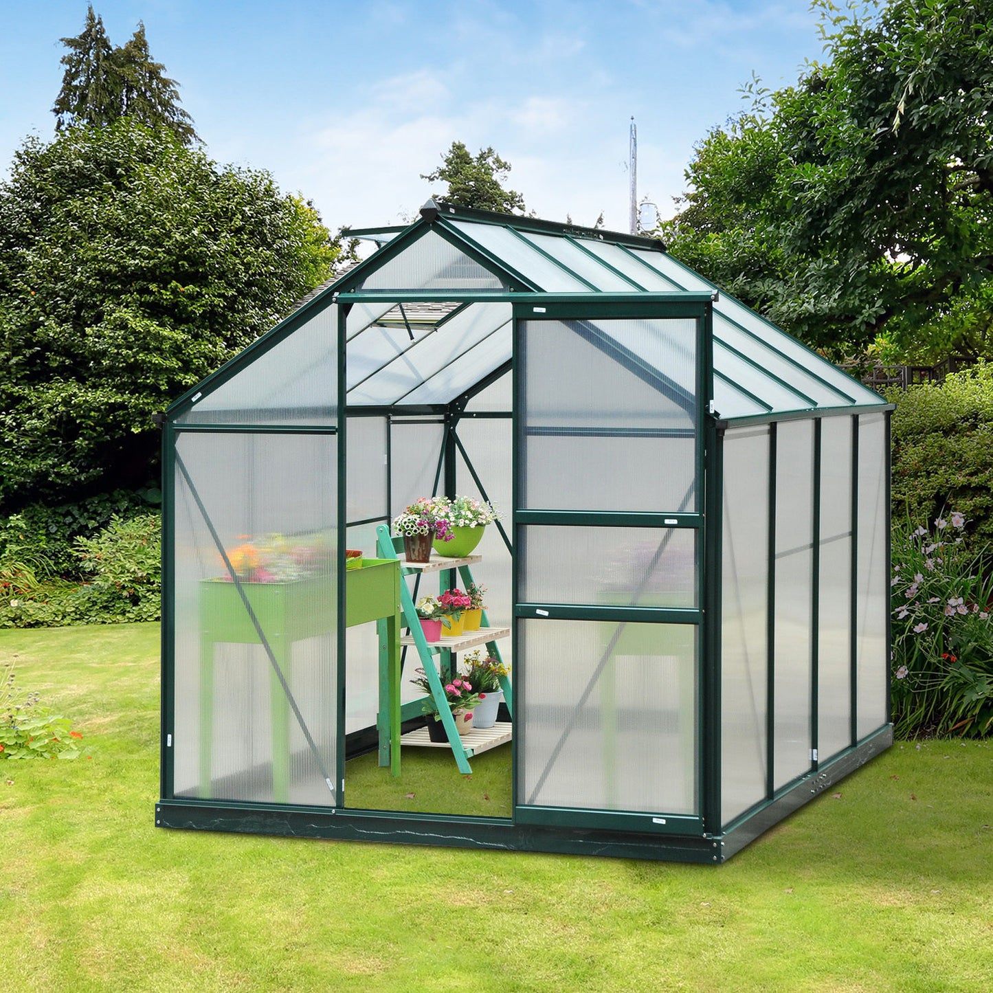 Outsunny 6 x 8ft Poliwęglanowa szklarnia, duża szklarnia typu walk-in z przesuwanymi drzwiami i oknem, domek do uprawy roślin ogrodowych z aluminiową ramą i fundamentem, ciemnozielony