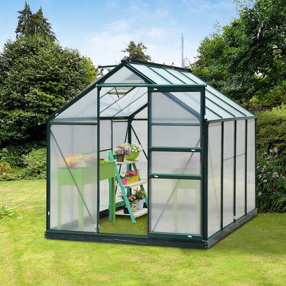 Outsunny 6 x 8ft Poliwęglanowa szklarnia, duża szklarnia typu walk-in z przesuwanymi drzwiami i oknem, domek do uprawy roślin ogrodowych z aluminiową ramą i fundamentem, ciemnozielony