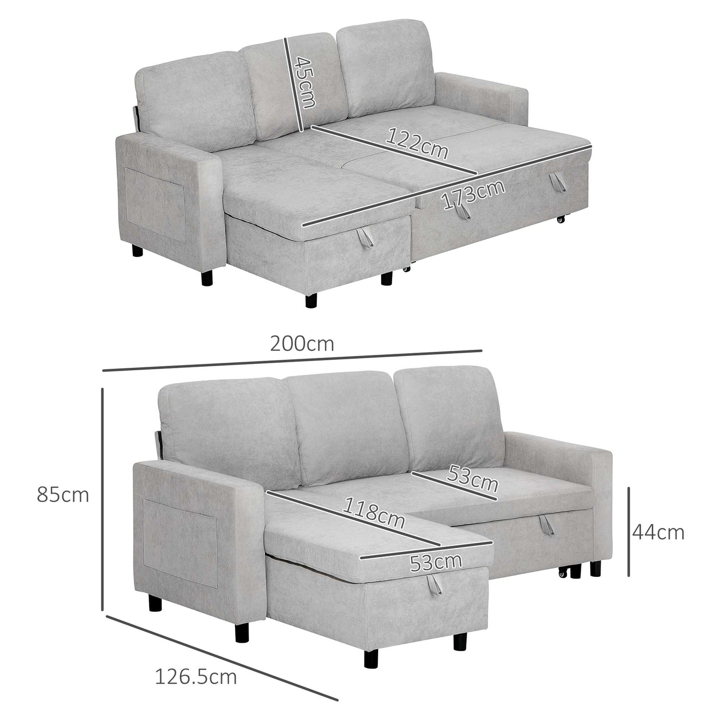 HOMCOM Pull Out Sofa Bed with Storage - Light Grey