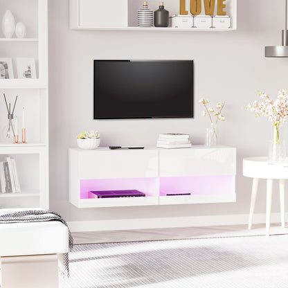 Wall Mount TV Stand with 20 Colours LED Lights, Remote Control, High Gloss Entertainment Centre Media Console with Storage Compartments