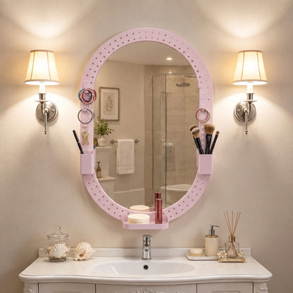 HOMCOM Oval Wall Mirror, 60 x 90 cm Decorative Hanging Mirror with Pegboard Frame, Wall-Mounted, Pink