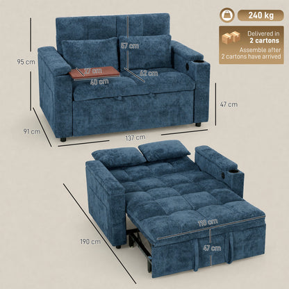 HOMCOM 2 Seater Sofa Bed, 3-in-1 Convertible Pull Out Sleeper Bed with Hidden Table, USB Port, Armrest Storage, Dark Blue