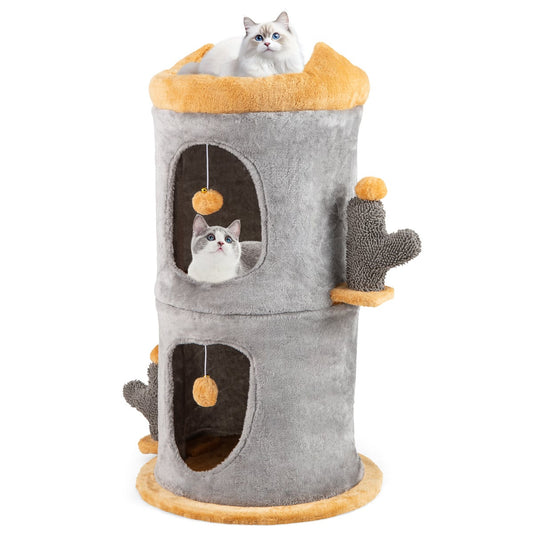 Cute Small Cat Tree Tower with Cozy Condos and Plush Danging Balls