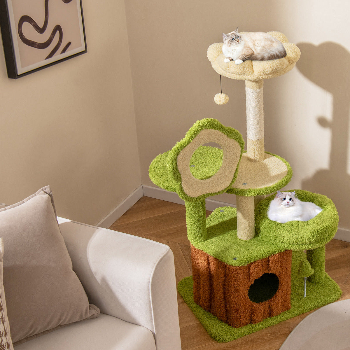 Cute Cat Tree for Adult Cats with Trunk Condo and Flower Perch-Green
