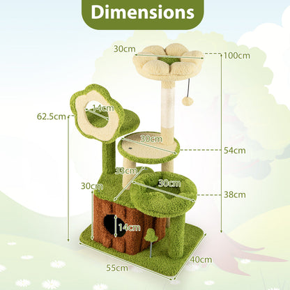 Cute Cat Tree for Adult Cats with Trunk Condo and Flower Perch-Green
